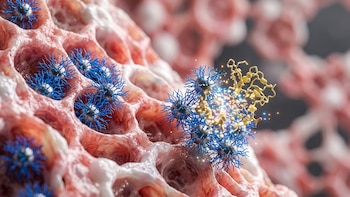 Esferas azules con protuberancias espinosas y una cadena molecular amarilla sobre una masa rosada de textura porosa