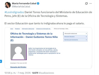 La senadora María Fernanda Cabal criticó la vinculación de Daniel Torres al Ejecutivo de Gustavo Petro por medio del Ministerio de Educación - crédito @MariaFdaCabal/X