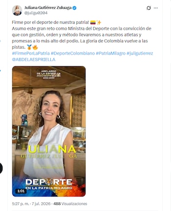Juliana Gutiérrez Zuluaga reaccionó a su designación como ministra del Deporte en el Gobierno de De la Espriella - crédito @juligu0204/X