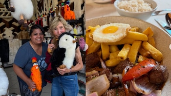 Lin Shaye posa con un peluche de pingüino de Humboldt durante su recorrido por mercados de artesanía en Lima, donde demostró su aprecio por la cultura local.