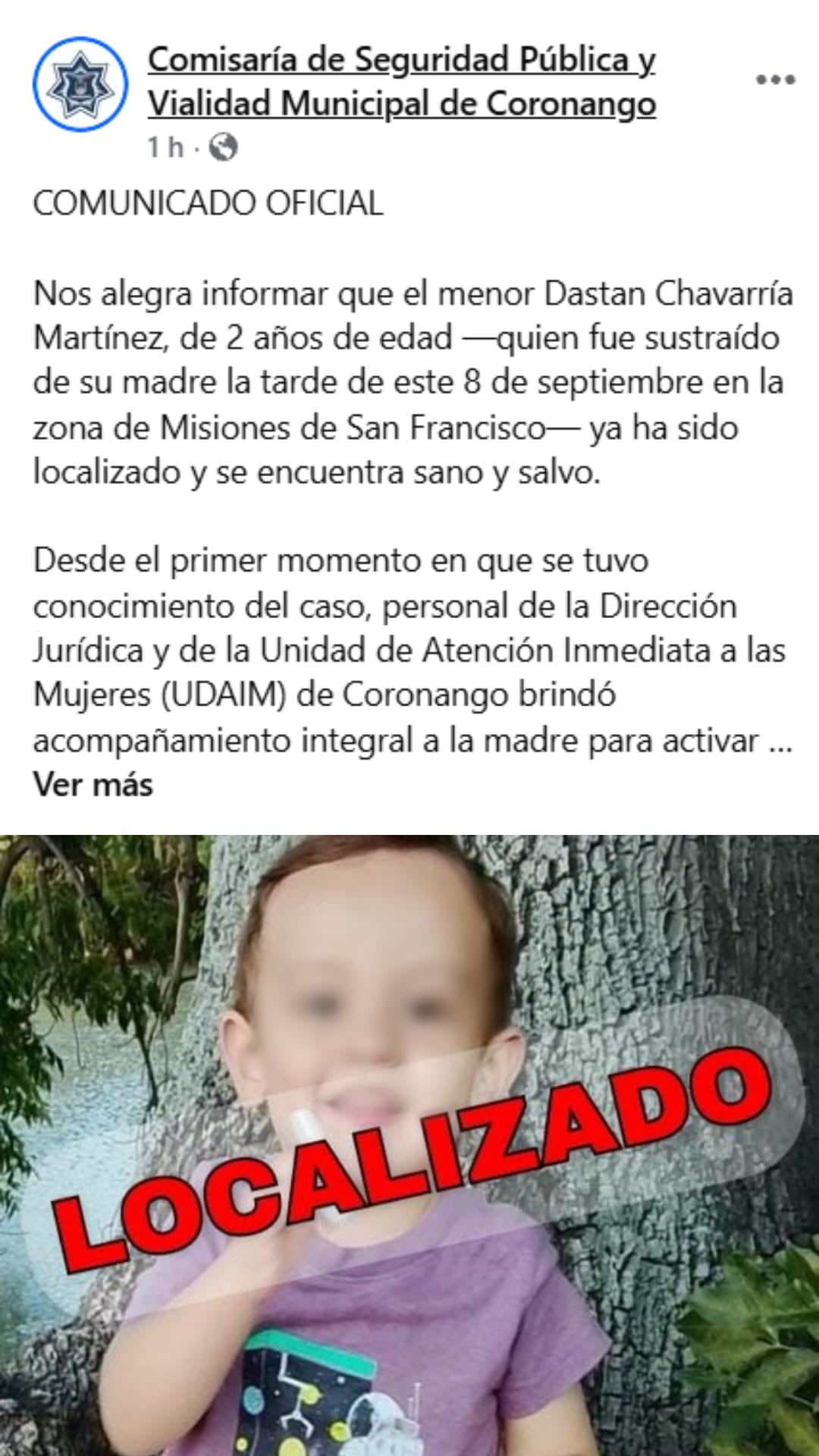 Un comunicado oficial de la Comisaría de Coronango informa que el niño Dastan Chavarría Martínez fue localizado a salvo tras haber sido sustraído el 8 de septiembre. (Facebook)