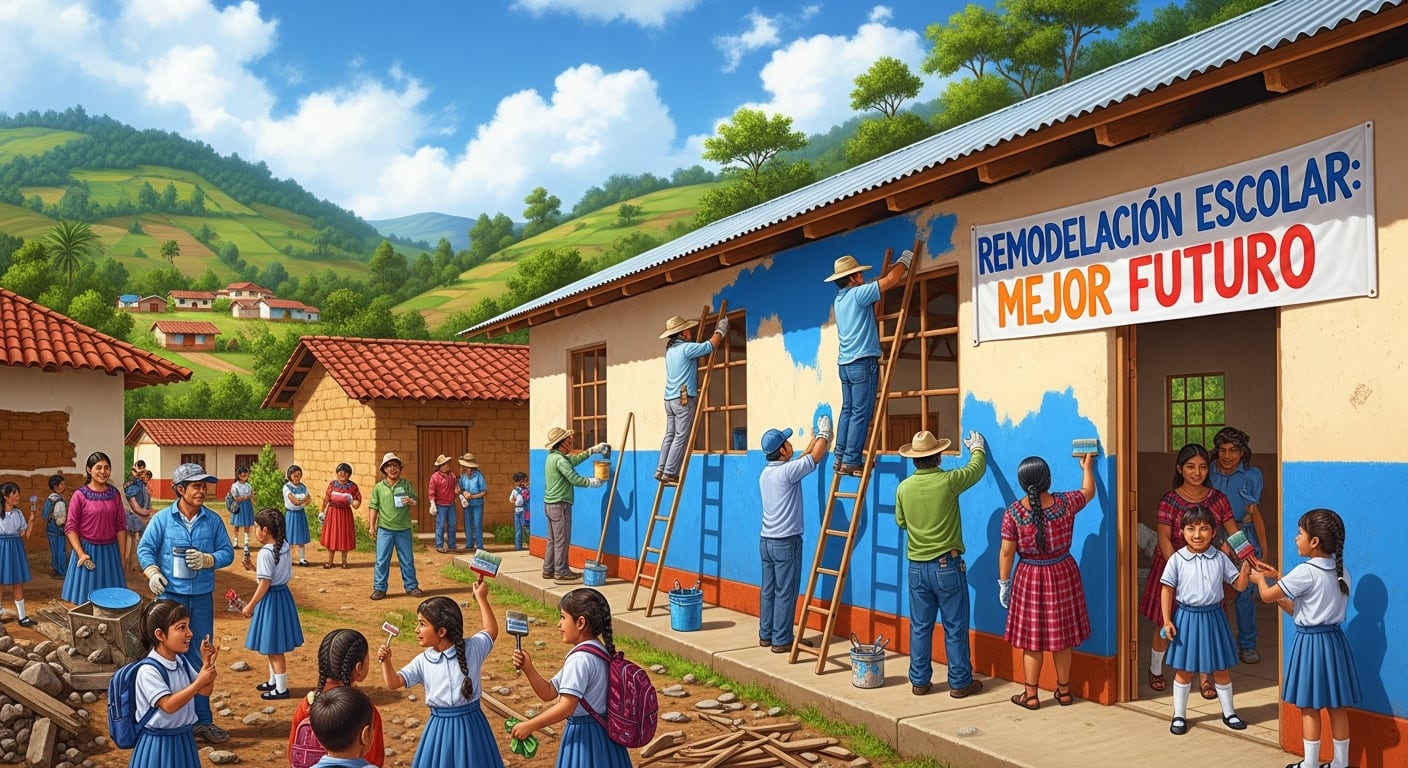 Habitantes de una comunidad rural en Guatemala, incluyendo adultos y niños, pintan el exterior de una escuela como parte de un programa de remozamiento escolar. (Imagen Ilustrativa Infobae)