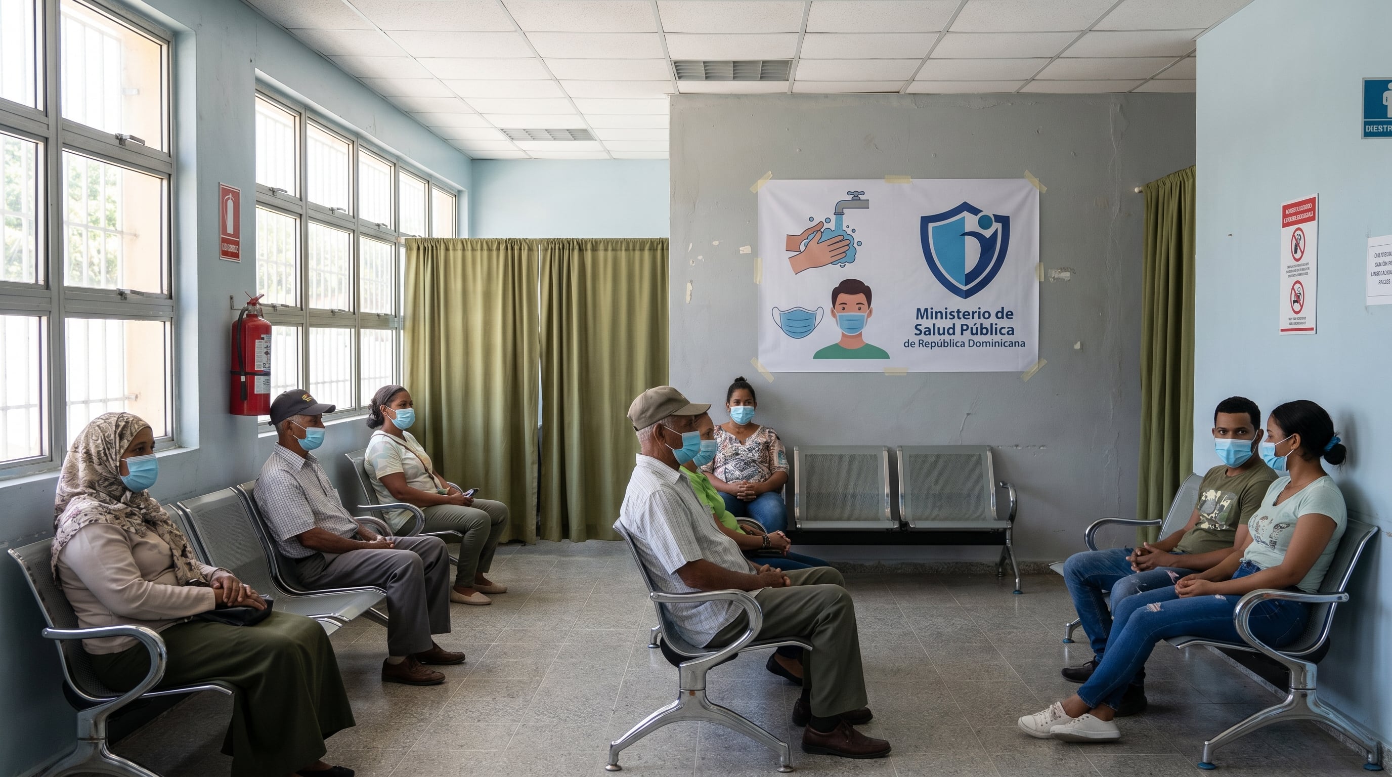 Pacientes con mascarillas quirúrgicas mantienen distancia social en la sala de espera de un centro de salud de República Dominicana, donde un cartel del Ministerio de Salud Pública destaca medidas de prevención. (Imagen Ilustrativa Infobae)