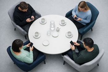 Cuatro personas sentadas en sillas alrededor de una mesa redonda blanca, cada una mirando un teléfono móvil. La mesa tiene tazas, platos y una jarra de agua.