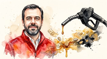 Acuarela de un hombre con barba y chaqueta roja junto a una manguera de combustible que vierte líquido ámbar, monedas y un billete.