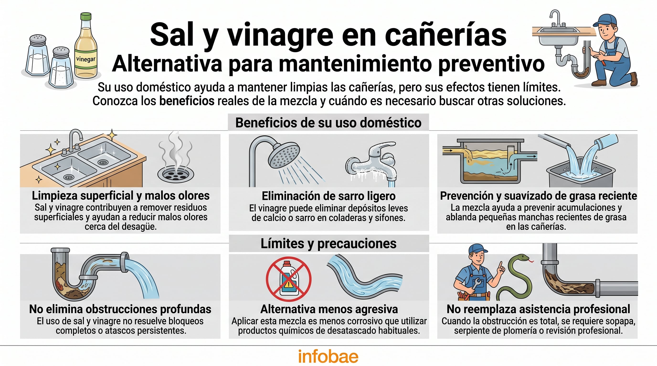 Uso de sal y vinagre para el mantenimiento preventivo de cañerías. (Imagen Ilustrativa Infobae)