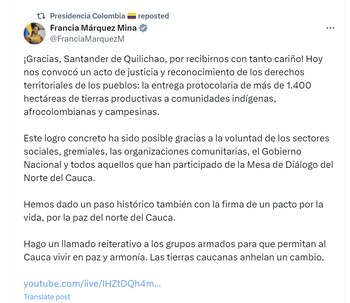 La vicepresidenta Francia Márquez pidió