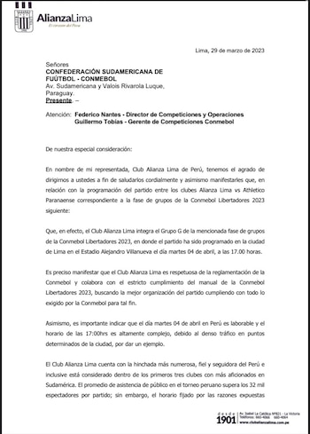 Carta de Alianza Lima que