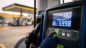 Mano con guante azul que presiona un botón verde en la pantalla digital de un surtidor de combustible con manguera y surtidores al fondo.