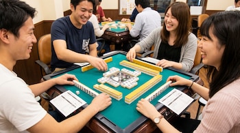 Cuatro jóvenes, dos hombres y dos mujeres, sentados alrededor de una mesa de Mahjong verde, juegan con las fichas y dados, sonriendo y riendo.