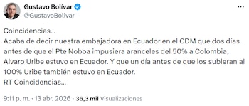Bolívar plantea coincidencias en fechas entre decisiones del gobierno ecuatoriano y visitas de Uribe a ese país. - crédito @GustavoBolivar/X