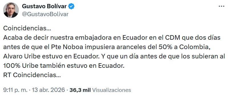 Gustavo Bolívar sugirió la existencia de coincidencias entre las visitas de Álvaro Uribe a Ecuador y las decisiones del presidente Noboa - crédito @GustavoBolivar/X