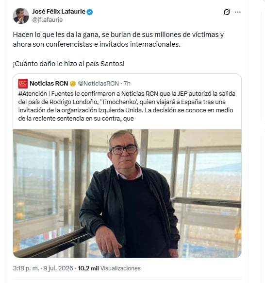 El presidente de Fedegán, José Félix Lafaurie, rechazó el viaje que hizo Rodrigo Londoño al exterior - crédito @jflafaurie/X