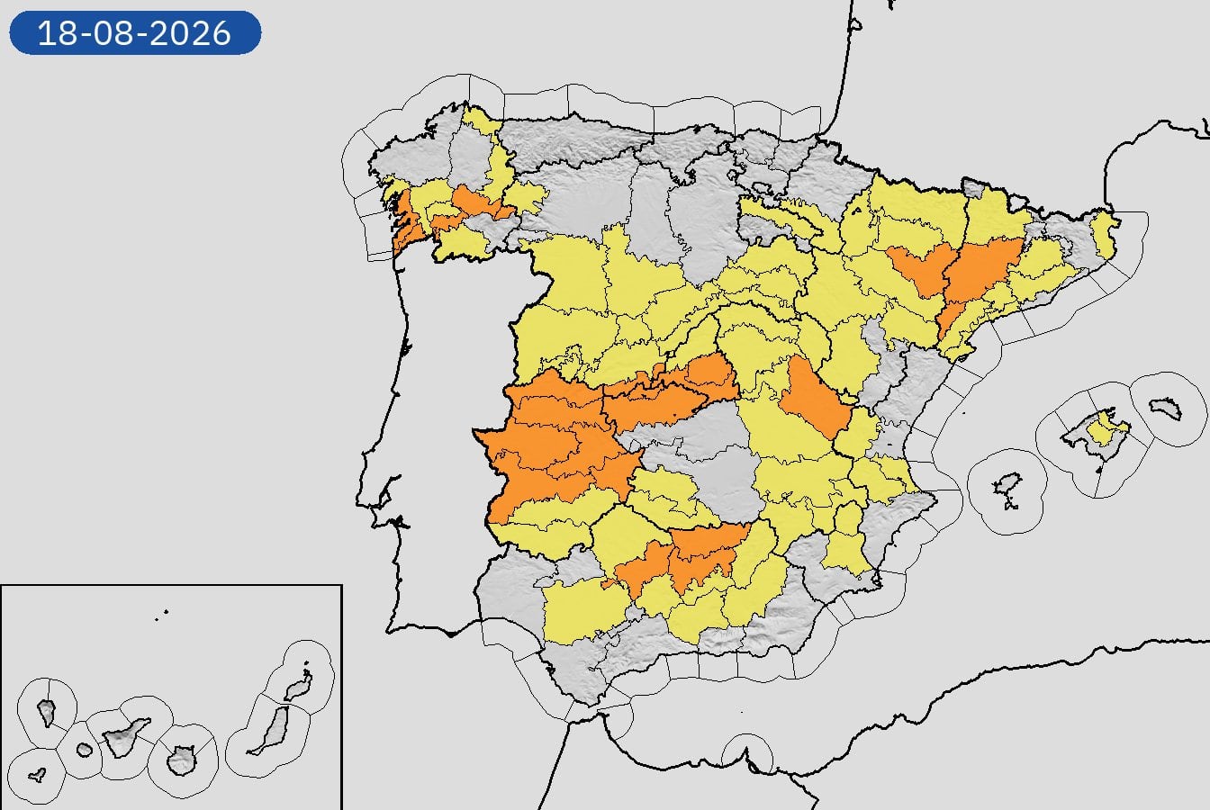 Mapa de avisos por calor para este martes, 18 de agosto de 2026. (Aemet)
