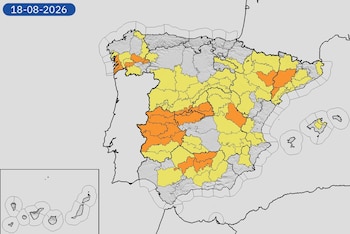 Mapa de avisos por calor para este martes, 18 de agosto de 2026. (Aemet)