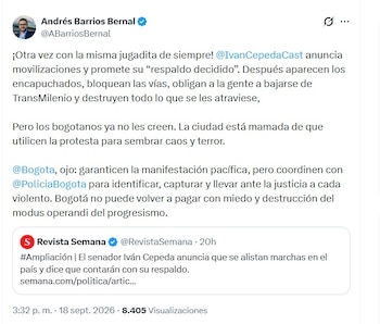 El concejal Barrios replicó al anuncio hecho por Cepeda el mismo viernes 18 de septiembre - crédito @ABarriosBernal/X