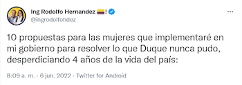 Propuestas de Rodolfo Hernández para las mujeres. Captura de pantalla