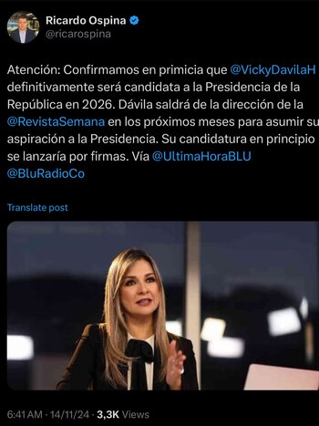 Vicky Dávila será candidata presidencial - crédito Ricardo Ospina/X