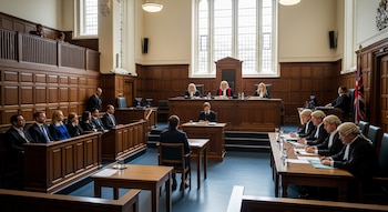 Una sala de tribunal con tres jueces, cuatro abogados, un testigo en el estrado, diez personas en la tribuna y una bandera del Reino Unido.