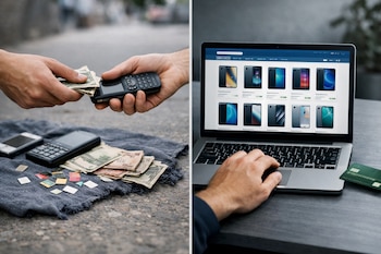 Dos manos intercambian dinero y un celular en la calle; una mano navega un marketplace de celulares en laptop con una tarjeta de crédito.
