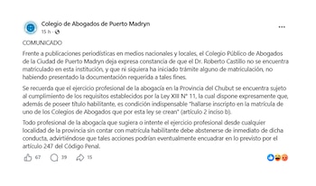 Captura de pantalla de un comunicado del Colegio de Abogados de Puerto Madryn en redes sociales, informando que Roberto Castillo no está matriculado