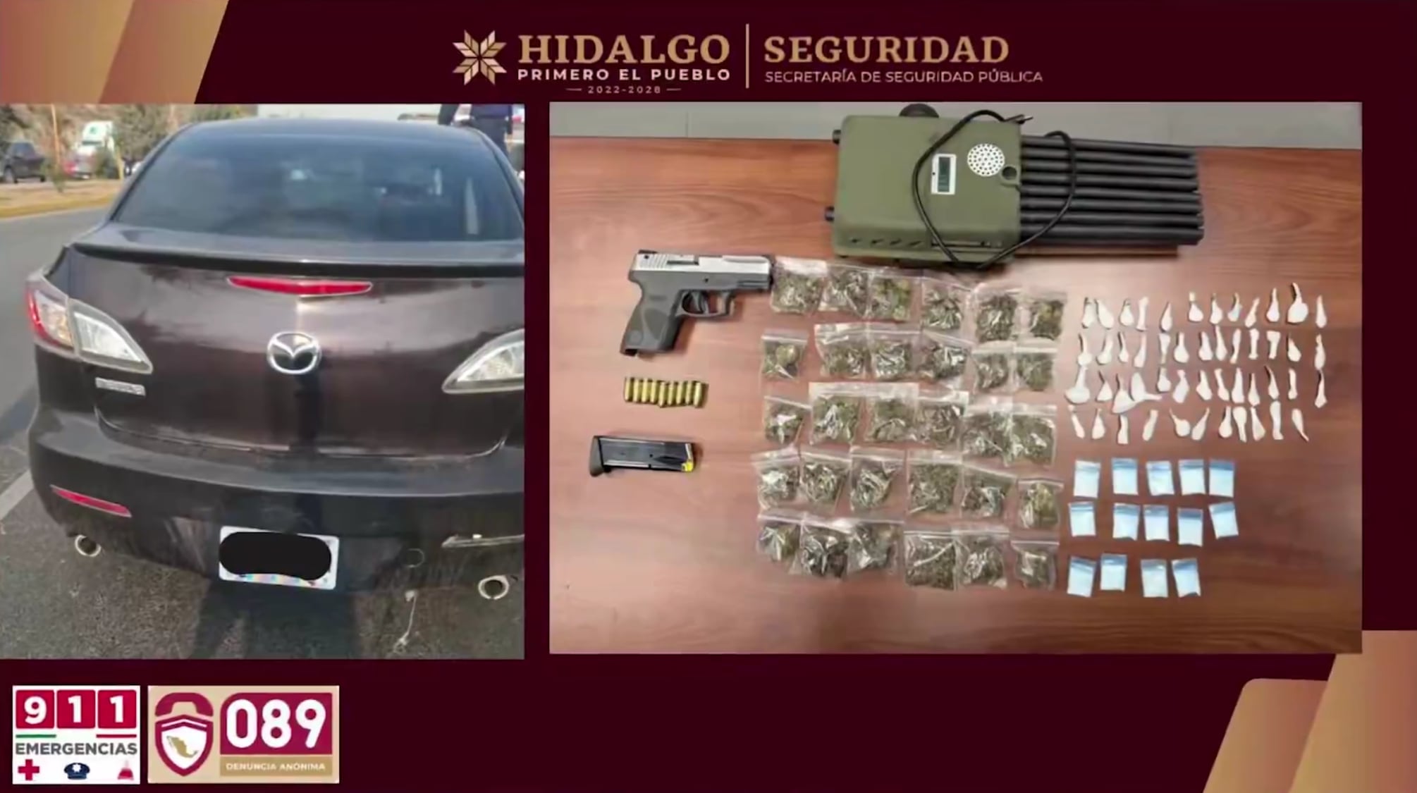 Objetos asegurados tras la persecución en Pachuca. Crédito: SSP Hidalgo