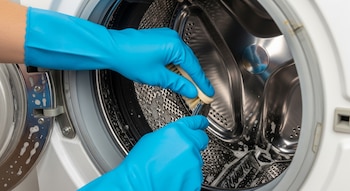 Primer plano de manos con guantes azules limpiando el tambor de acero inoxidable de una lavadora blanca con un cepillo, visible espuma y suciedad.