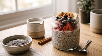 Frasco de vidrio con pudín de chía y frutas, recipiente con semillas, jarra de leche, rama de canela y cuchara sobre mesa de madera.