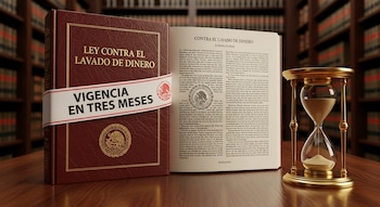 Libro "LEY CONTRA EL LAVADO DE DINERO" con una banda "VIGENCIA EN TRES MESES", junto a un libro abierto y un reloj de arena sobre una mesa. Fondo de estanterías de libros.
