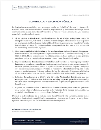 Este es el pronunciamiento del exfiscal Barbosa tras informaciones sobre supuestas 'chuzadas' en su contra