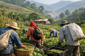 Cuatro trabajadores recolectan frijoles verdes en un campo agrícola. Hay cestas y cajas llenas. Al fondo, un paisaje montañoso con una cabaña.