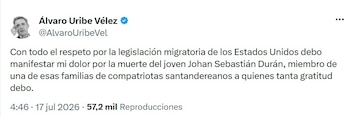 El expresidente Álvaro Uribe Vélez se pronunció por el asesinato del joven bumangués Johan Sebastián Durán Guerrero - crédito @AlvaroUribeVel/X