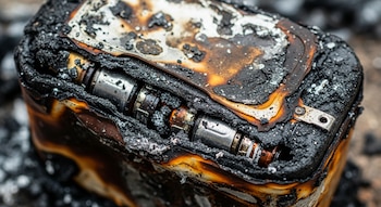 Primer plano de una batería de litio muy dañada, hinchada y cubierta de hollín y residuos de quemaduras con partes metálicas expuestas.