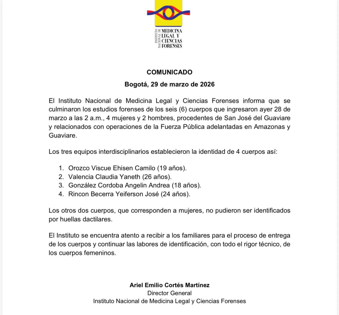 Entre los fallecidos por el bombardeo en Vaupés, no se encontraba alias Iván Mordisco, señaló Medicina Legal - crédito Medicina Legal