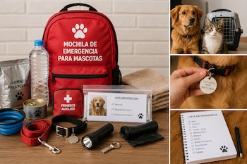 Mochila roja de emergencia para mascotas con sus suministros. Paneles muestran un perro, un gato, un transportador, chapa identificatoria y lista de emergencia