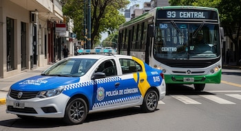 Un patrullero de la Policía de Córdoba blanco, azul y amarillo en primer plano, con un colectivo urbano verde y blanco detrás en una calle de la ciudad.