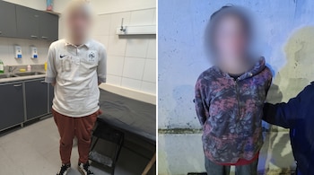 Fotografía compuesta dividida en dos: a la izquierda, una persona en una sala médica; a la derecha, otra persona junto a un muro exterior.