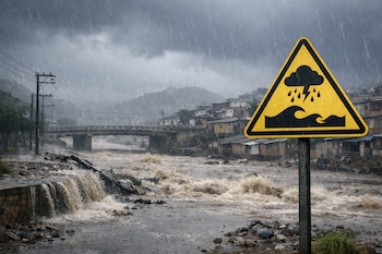 Cielo nublado con lluvia intensa, un río crecido y desbordado, casas en ladera y un puente. Señal triangular amarilla de advertencia por lluvia e inundación.