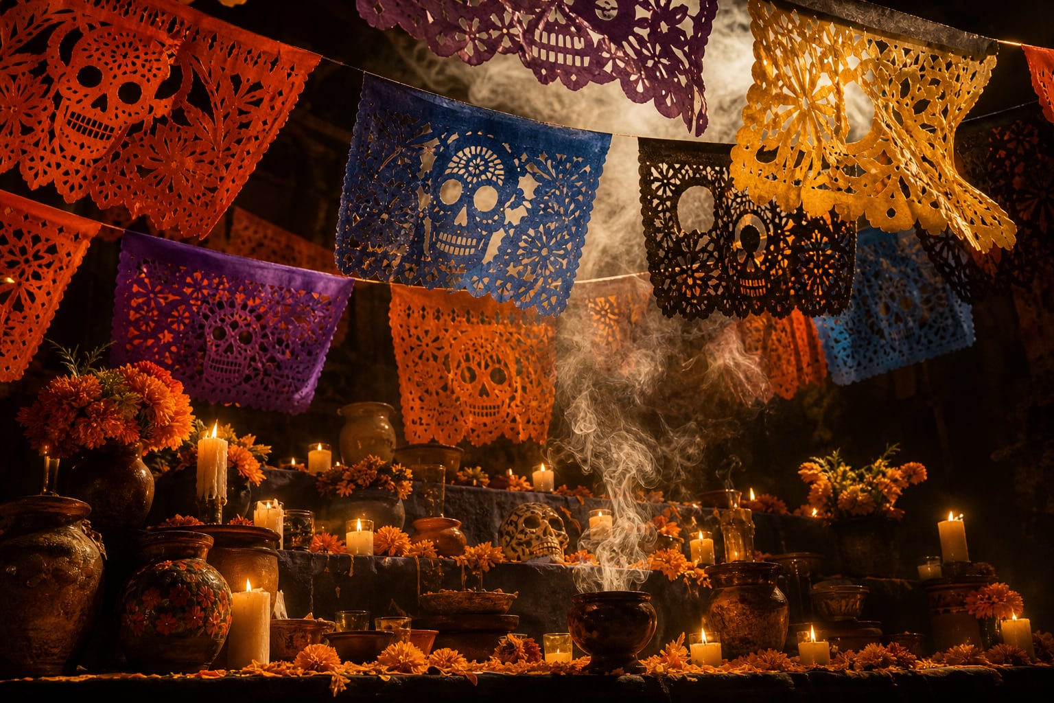 Un altar tradicional de Día de Muertos reúne papel picado calado, flores de cempasúchil, velas encendidas y el humo de copal. (Imagen Ilustrativa Infobae)
