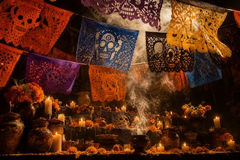 Banderines de papel picado con calaveras sobre un altar con velas encendidas, flores anaranjadas, vasijas de barro y humo ascendente.