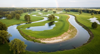 Vista aérea de un río sinuoso con meandros, fluyendo por una llanura verde inundada con praderas y árboles. Un arcoíris tenue se ve en el cielo.