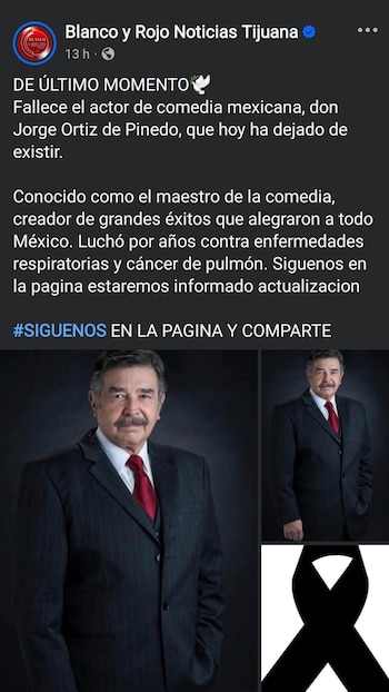 Collage con dos retratos de Jorge Ortiz de Pinedo, un hombre de edad avanzada con bigote, usando traje oscuro y corbata roja, y un lazo de luto negro
