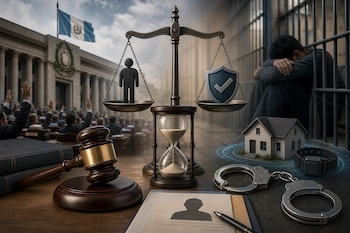 Un mazo judicial, una balanza, un reloj de arena, esposas, un brazalete electrónico, una maqueta de casa, la bandera de Guatemala y una celda.