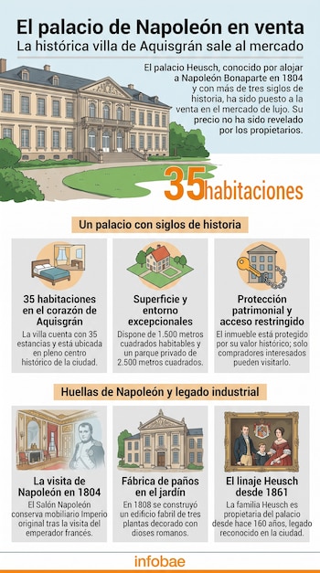Infografía con la ilustración de un palacio de tres pisos, iconos sobre sus características y cuadros con textos informativos.