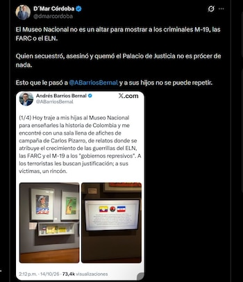 El director del Centro Nacional de Memoria Histórica, D’mar Córdoba, sostuvo que las instituciones estatales no deben exhibir a miembros de guerrillas como próceres - crédito @dmarcordoba / X