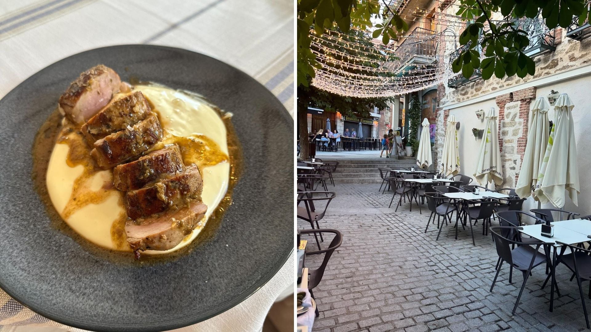 Platos y terraza del restaurante Bar España, en Miraflores de la Sierra (Instagram / @restauranteespanamiraflores)