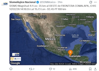 El temblor ocurrió la tarde de este martes 17 de febrero. Foto: X/@SSNMexico.