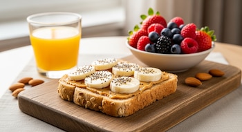 Tostada integral con mantequilla de maní, plátano y semillas de chía sobre tabla de madera, junto a zumo de naranja y cuenco de frutos rojos. Almendras esparcidas.