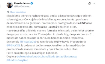 A través de su cuenta de X, Gutiérrez aseguró que hace cerca de dos meses envió una comunicación formal al Ministerio del Interior advirtiendo sobre los riesgos de seguridad que enfrentan algunos integrantes del Concejo de Medellín - crédito @FicoGutierrez/X
