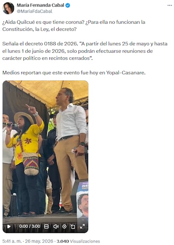 María Fernanda Cabal cuestiona cumplimiento de normas electorales tras evento político de Aida Quilcué en Yopal - crédito @MariaFdaCabal/X
